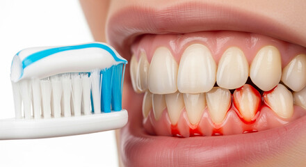 Gum Bleeding Concept – Toothbrush Near Mouth with Toothpaste Close-up