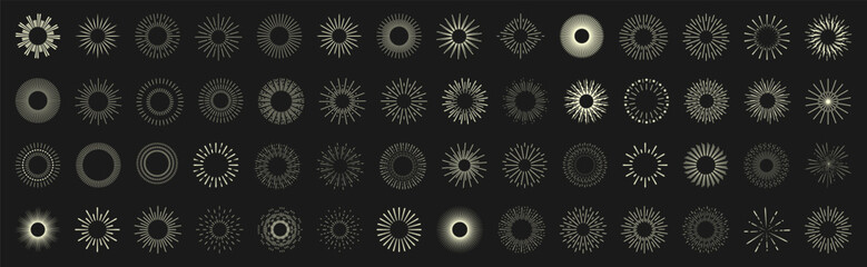 Sunburst elements with light rays. Radiant circular symbols for highlight and magic effect. Useful for retro and spiritual themes © top dog