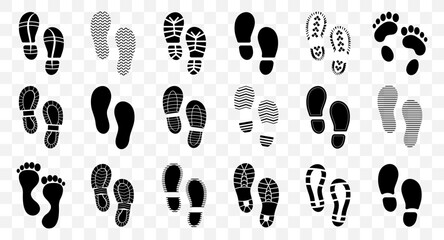 Footprint icons in black silhouette with shoe and barefoot variations. Walking path representing travel and motion