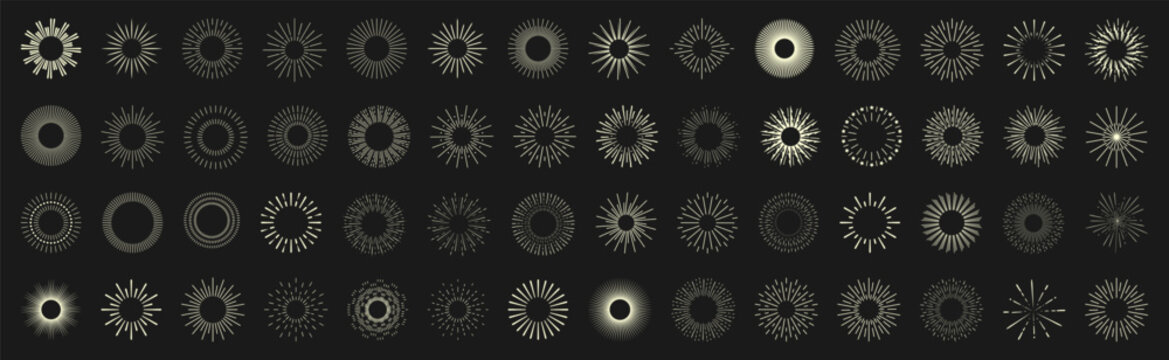 Sunburst elements with light rays. Radiant circular symbols for highlight and magic effect. Useful for retro and spiritual themes