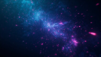 Swirling neon blue and magenta particles radiating through cosmic nebula, with pixel fragments
