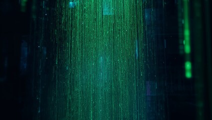 Streaming green data streams cascading in digital environment, with glowing code waterfall effect