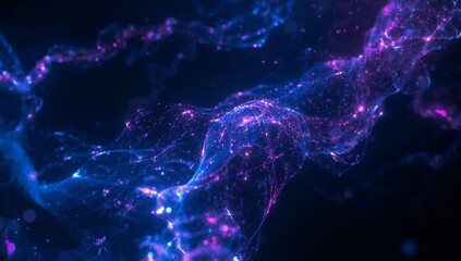 Swirling data network flowing in cosmic void, with glowing filaments, nodes and light particles