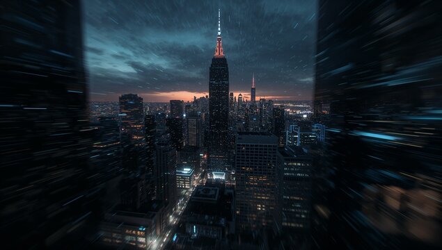 Towering skyscraper dominating skyline at rooftop, with lit spire, light grid and cloudy horizon - Powered by Adobe