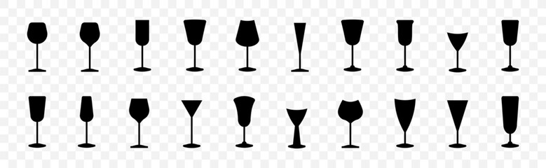 Wine and cocktail glass silhouettes. Drinkware icons for bar menu and alcohol packaging. Clean black shapes for celebration and party themes