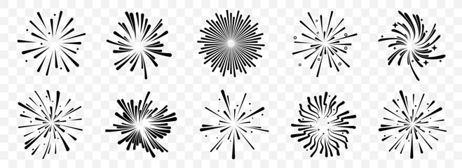 Fototapeta na wymiar Firework icons in festive style. Different explosion shapes for celebration themes. Perfect for parties and holiday events