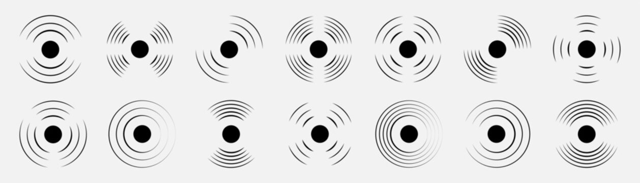 Sound wave icons in radio and audio style. Signal symbols for broadcasting, internet and communication. Minimal black graphics for media concepts