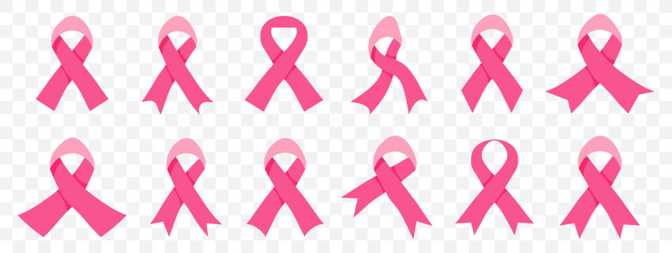 Pink ribbon icons for breast cancer awareness. Charity symbols supporting health and hope. Minimal pink graphics for medical campaigns
