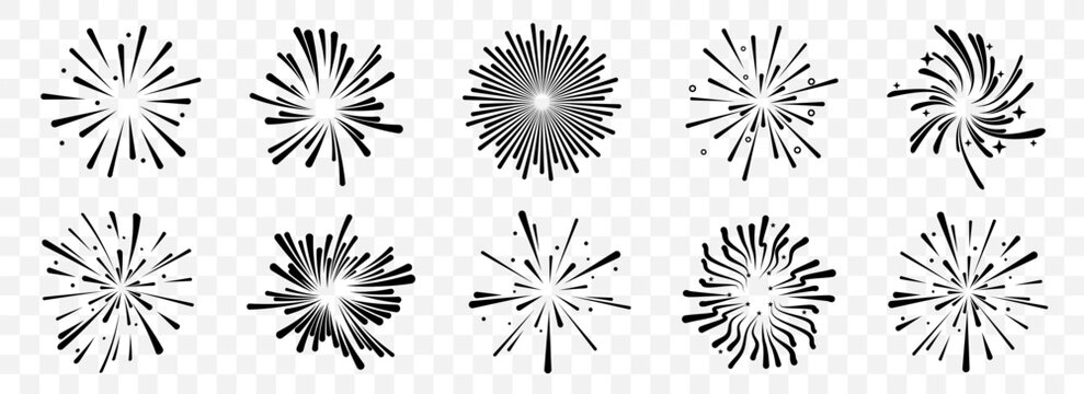 Firework icons in festive style. Different explosion shapes for celebration themes. Perfect for parties and holiday events