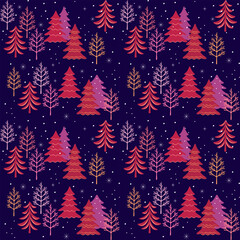 Seamless Christmas Forest Pattern on Dark Blue