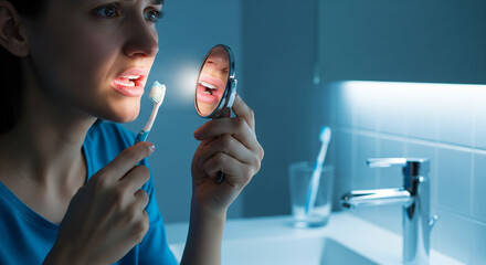 Dental Hygiene Awareness &ndash; Person Checking Gums under Cool Bathroom Light