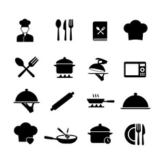 Collection of black and white icons representing cooking and kitchen utensils
