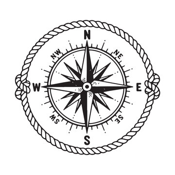 Nautical Compass Rose with Rope Border Outline.