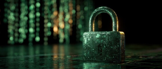 The padlock of digital security on a circuit board with matrix code background