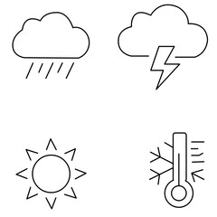 Weather line icon set – rain cloud, thunderstorm, sun, and temperature thermometer symbols