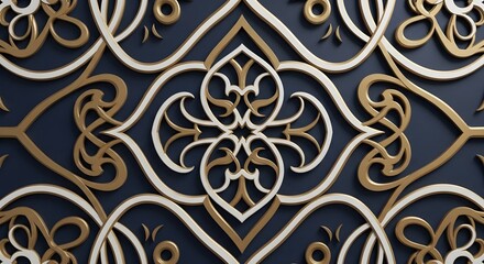 Luxury 3D arabesque pattern with gold and cream ornament on dark blue background, elegant decorative floral geometry, islamic art design, royal ornamental texture, classic luxury background