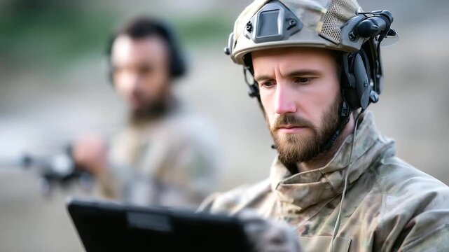 Close-up of a soldier preparing a drone for reconnaissance while a teammate coordinates via radio and laptop