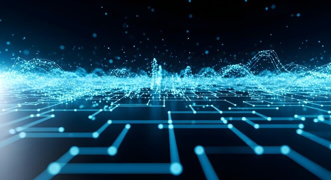 Abstract Digital Circuit Board Lines and Waveform Visualization – Futuristic Big Data Analysis and AI Technology Background with Blue Glow