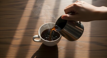 Pouring hot coffee into a cup on wooden table, close-up of hands holding cup and metal pot, morning routine concept with steam aroma, cozy lifestyle photography, warm natural light and relaxation mood