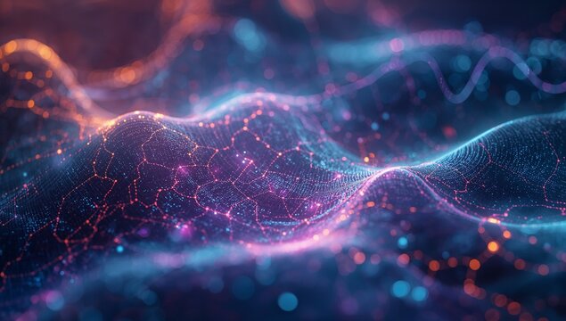 Undulating hexagonal grid lines flowing in digital landscape, with glowing nodes and bokeh lights