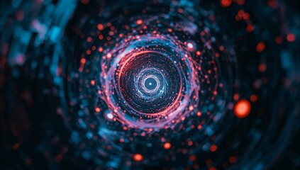 Swirling vortex of concentric rings in abstract environment, with glowing dots and light streaks