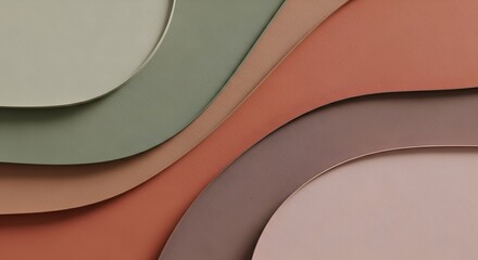 Minimal abstract background with layered curved shapes in soft pastel earthy tones, 3D paper cut design style, modern geometric composition for elegant wallpaper, natural tone abstract texture concept