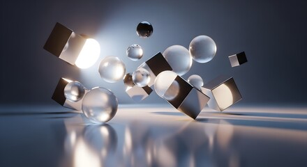Futuristic 3D abstract composition of glass cubes and glowing spheres with cinematic lighting, modern geometric shapes floating on reflective surface, elegant transparent materials, minimal art render