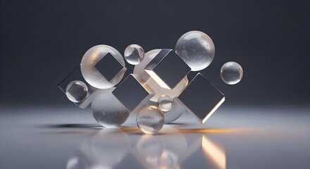 3D abstract glass cubes and spheres composition with soft lighting and reflections, modern geometric shapes on minimal background, futuristic transparent objects, elegant studio render, clean design