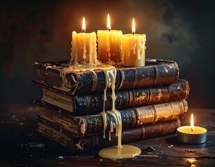Bougies fondues, livres anciens, ambiance gothique, d&eacute;cor mystique, Halloween vintage, lumi&egrave;re tamis&eacute;e, cire fondue, photographie artistique, atmosph&egrave;re ancienne, vieux papier, magie, charme du pass&eacute;,