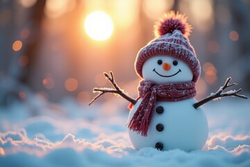 Cheerful snowman in red hat and scarf standing in snowy forest at sunset. Cozy winter scene, copy space. Perfect for holiday, seasonal, and festive content.