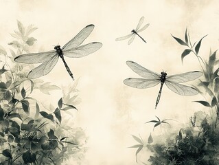 Chinese Ink Painting Style Background With Dragonflies And Decorative Border Featuring Green Plants