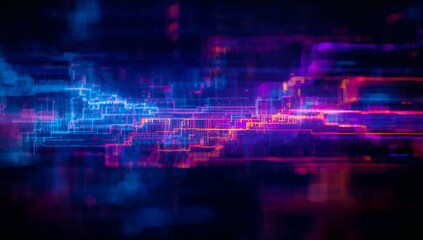 Streaming glowing neon circuit lines across virtual futuristic grid, with pixelated light nodes