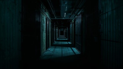 Stretching narrow prison corridor under fluorescent light in cell block, with barred cell doors