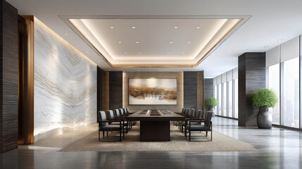 Fototapeta premium Elegant Executive Office Interior with Wooden Textures, Modern Design, and Bright Natural Light Creating a Professional Atmosphere