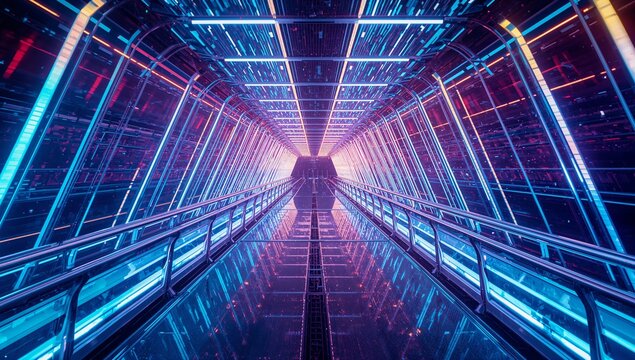 Stretching walkway inside tunnel with glass floor, rails, panels, neon strips, drifting particles