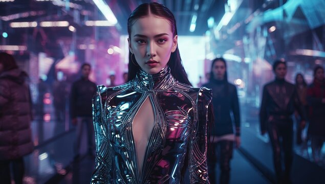 Walking futuristic model wearing metallic bodysuit on runway with reflective floor, LED fixtures
