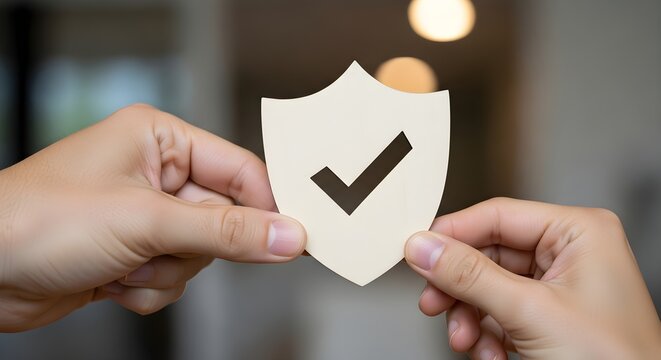 Hands holding shield with checkmark - Security and protection concept
