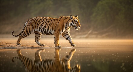 Majestic tiger walks along water s edge reflecting in the calm surface