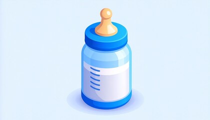 Fototapeta premium An isometric illustration of a blue and clear baby bottle filled with white milk, featuring a yellow nipple and measurement markings.
