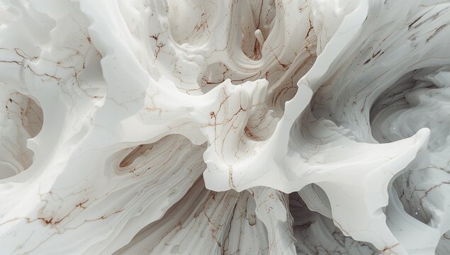 Undulating abstract white fractal structure filling neutral 3D environment, marble vein accents