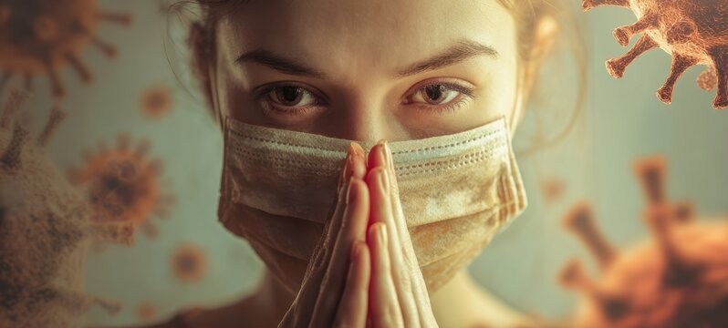 The woman wearing a face mask praying amid floating virus particles and pandemic concept