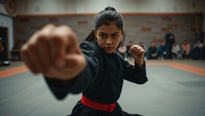 Teen martial artist delivering full-extension punch in black gi and red belt on mats in dojo
