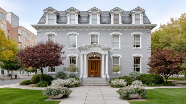 Elegant historic residential building with a mansard roof and ornate dormer windows under a clear daytime sky surrounded by lush trees and manicured gardens