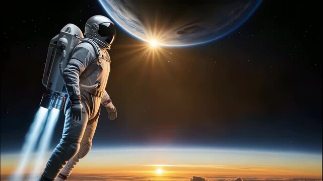 Astronaut With Jetpack Flying In Orbit Above A Planet At Sunrise