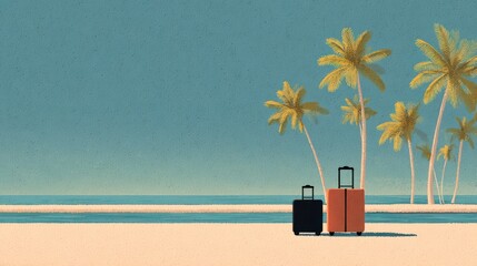 Obraz premium Suitcases on tropical beach with palm trees and ocean travel concept