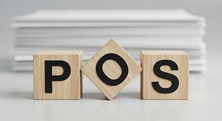 Wooden blocks spelling pos point of sale system for retail business transactions and financial management on a white surface background