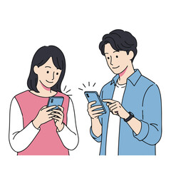 Fototapeta premium Simple Vector Illustration of a Young Couple Smiling While Using a Smartphone