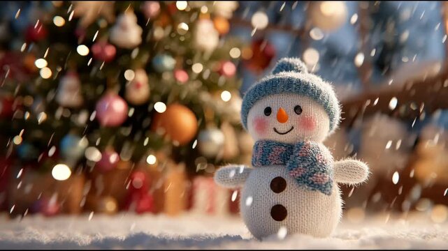 Cute Snowman Amidst Falling Snow with Blue Hat and Scarf, Christmas Tree in Background Adorned with Ornaments and Lights, Creating Festive Winter Atmosphere