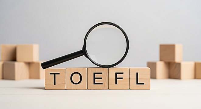 Toefl test preparation concept with wooden blocks spelling toefl and a magnifying glass for exam study and educational resources
