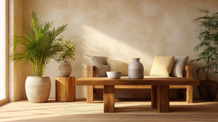 Cozy Eco-Friendly Living Room with Wooden Furniture and Indoor Plants in Warm Interior Design